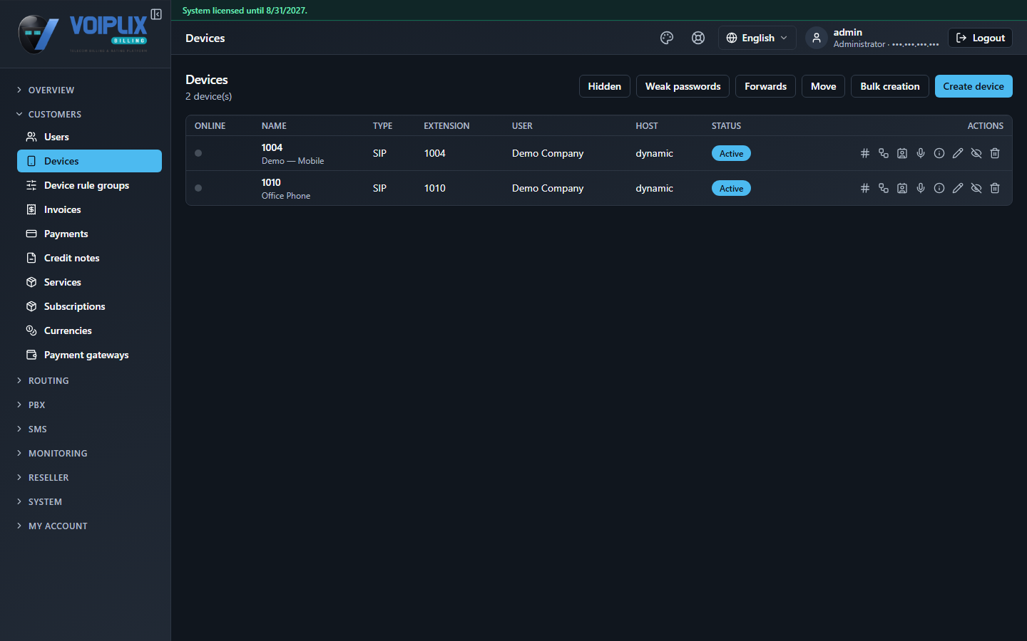 Devices list in the product: online status, name, type, extension, user, host and status columns.