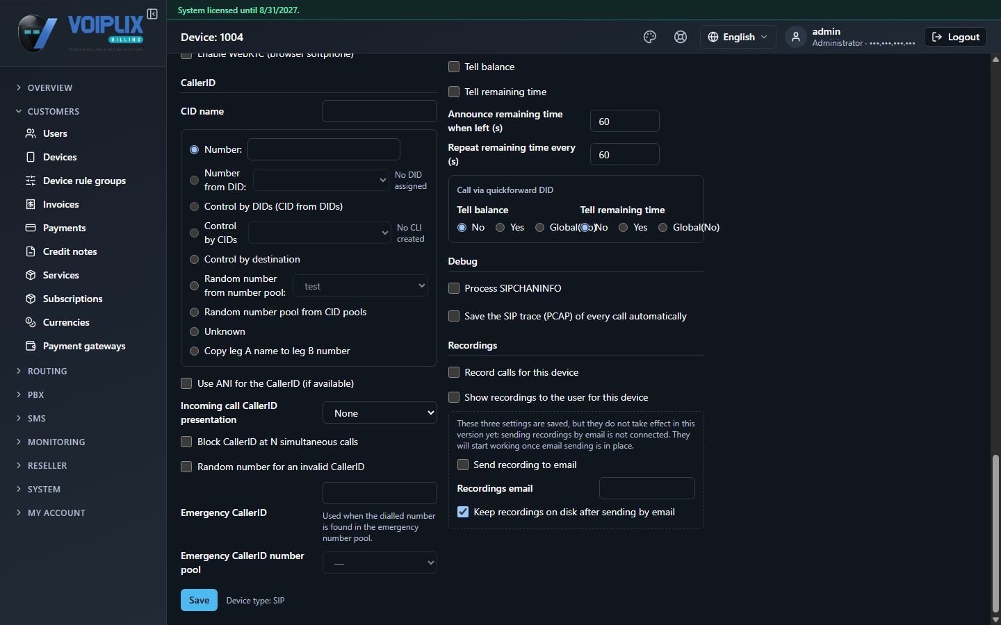 CallerID section: CID name, Number radio button modes (fixed number, from DID, control by DIDs, control by CIDs, control by destination, random from number pool, random pool from CID pools, unknown, copy leg A name), plus Incoming call CallerID presentation, Block CallerID at N simultaneous calls, and Emergency CallerID.