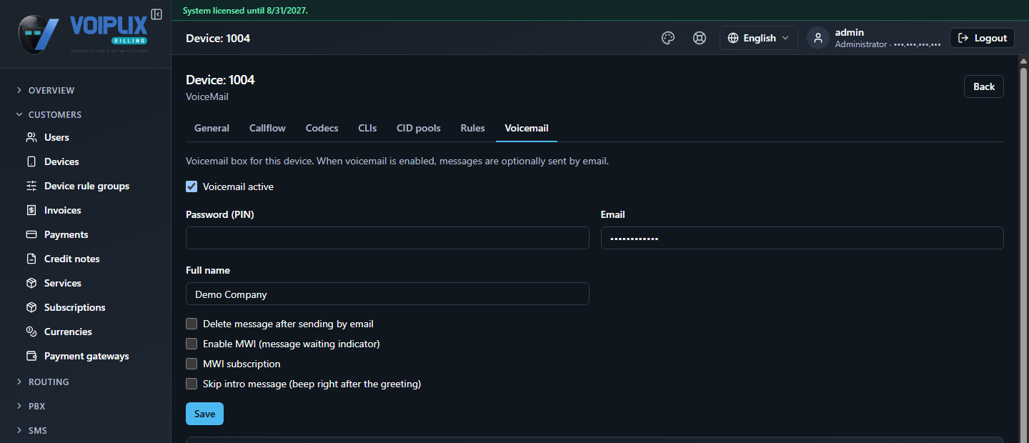 Voicemail tab: Voicemail active checkbox, Password (PIN), Email (masked), Full name, and checkboxes for Delete message after sending by email, Enable MWI, MWI subscription, Skip intro message.