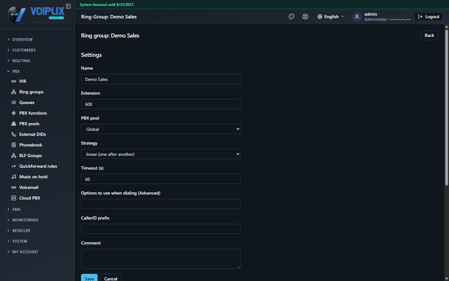 Ring group detail page for Demo Sales: Name, Extension 600, PBX pool Global, Strategy linear (one after another), Timeout 60, Options to use when dialing (Advanced), CallerID prefix, Comment, Save/Cancel buttons.