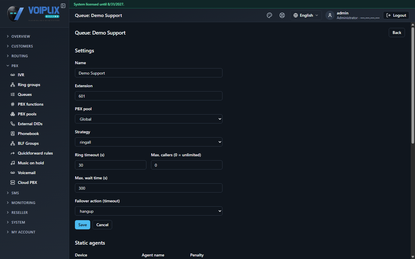 Queue detail page for Demo Support: Name, Extension 601, PBX pool Global, Strategy ringall, Ring timeout 30, Max. callers 0 (unlimited), Max. wait time 300, Failover action hangup, Save/Cancel, and the start of a Static agents table.