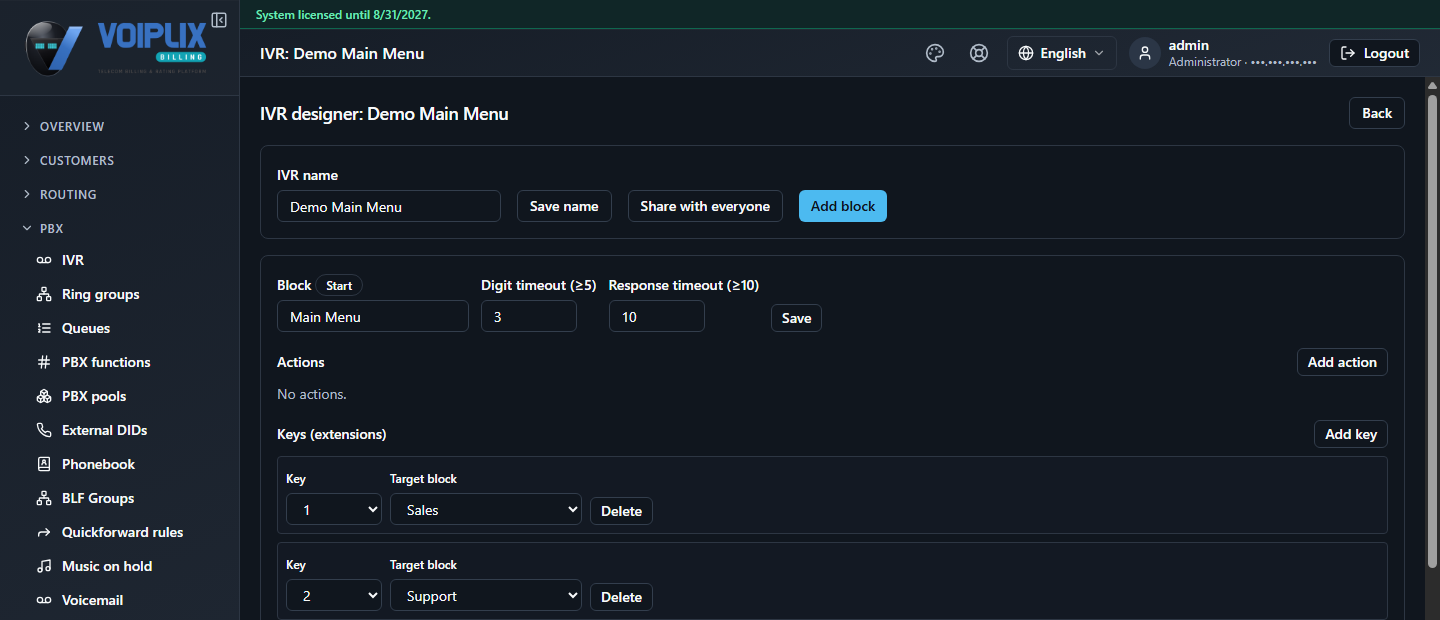 IVR designer for Demo Main Menu: IVR name field, Add block button, and the Start block named Main Menu with Digit timeout 3, Response timeout 10, no actions, and two keys: 1 -> Sales, 2 -> Support.