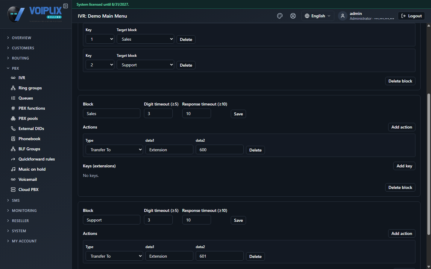 Two IVR blocks: Sales, with one action Transfer To / Extension / 600, and Support, with one action Transfer To / Extension / 601.