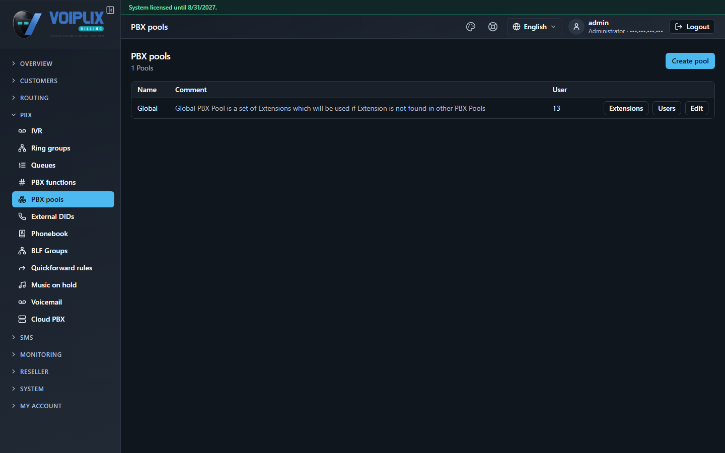 PBX pools list: one pool, Global, with comment 'Global PBX Pool is a set of Extensions which will be used if Extension is not found in other PBX Pools', 13 users, and Extensions/Users/Edit buttons.