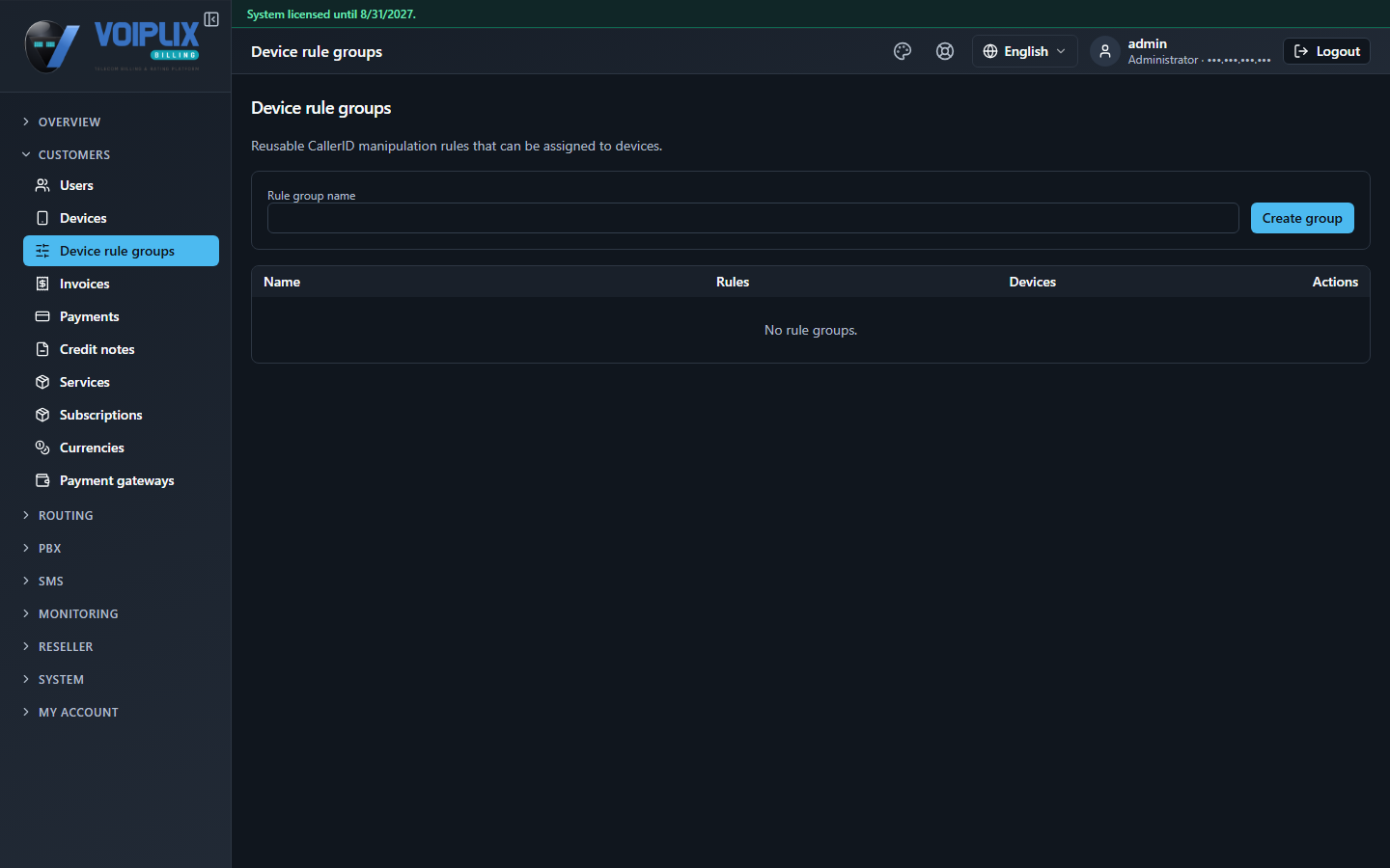 Device rule groups page: a Rule group name field with a Create group button, and a table of existing groups with Rules, Devices and Actions columns.