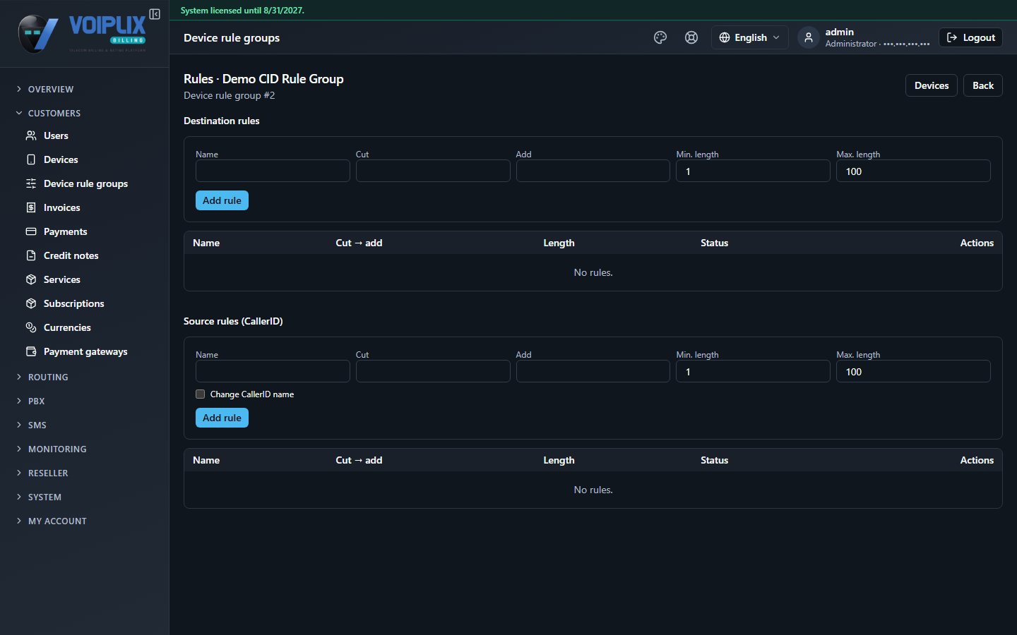 Rules page for 'Demo CID Rule Group': Destination rules panel and Source rules (CallerID) panel, each with Name, Cut, Add, Min. length (1), Max. length (100) fields, an Add rule button, and an empty rules table below each.
