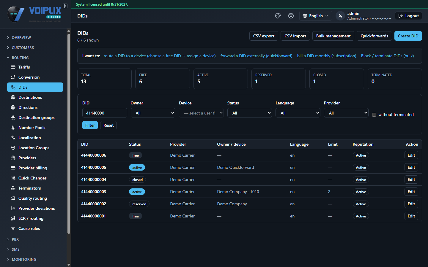 DIDs list in the product: status totals (total, free, active, reserved, closed, terminated), search filters, and a table with DID, Status, Provider, Owner / device, Language, Limit and Reputation columns.