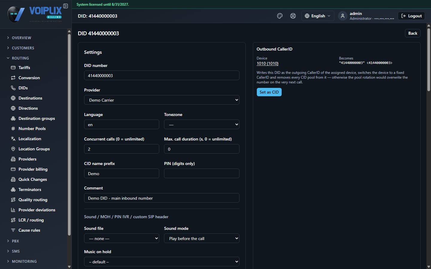DID detail page for an active number: Settings form on the left (DID number, provider, language, tonezone, concurrent calls, CID name prefix, comment, and an advanced sound/MOH/PIN section), Outbound CallerID panel on the right.