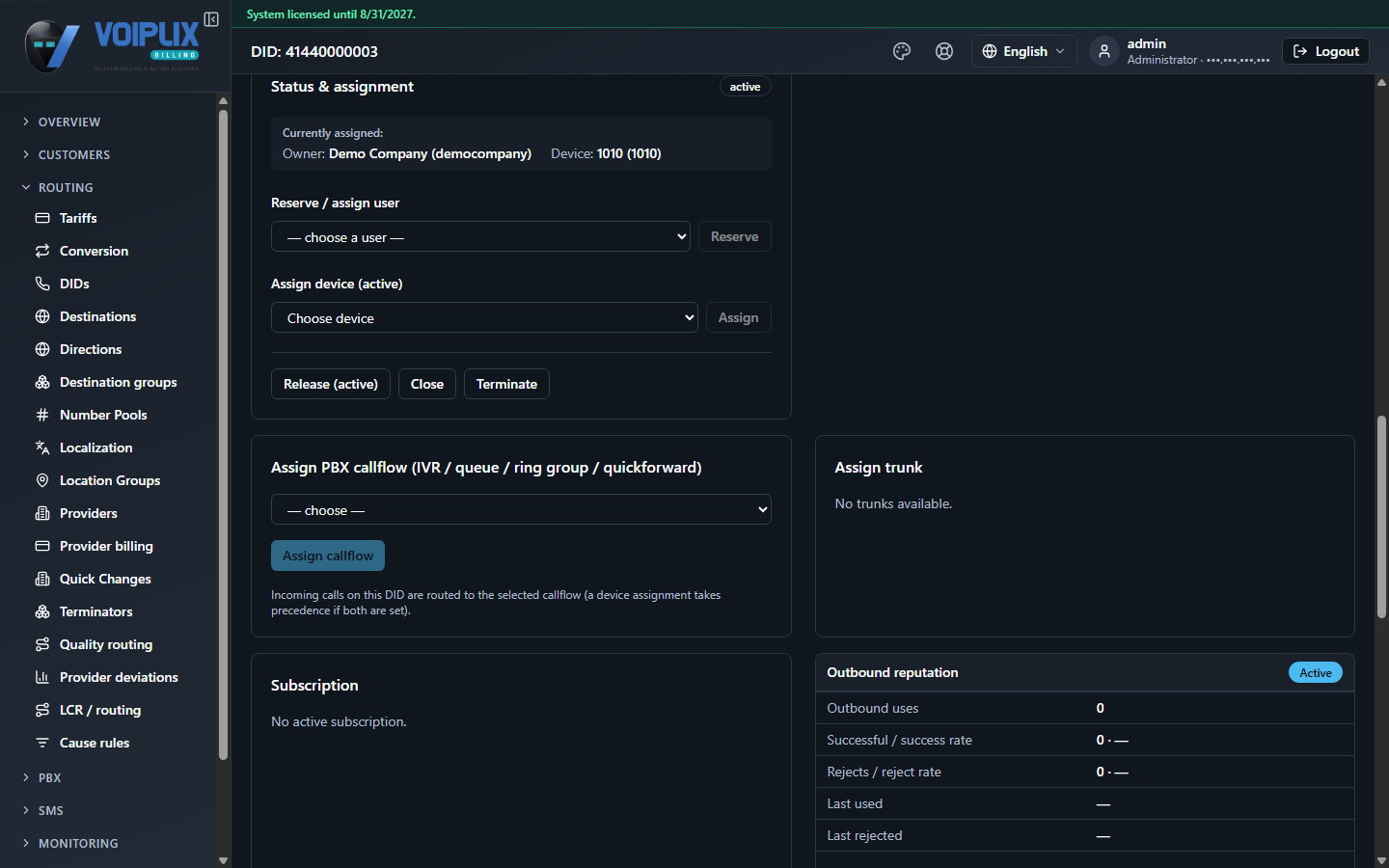 Status & assignment panel for an active DID: badge 'active', Currently assigned shows Owner Demo Company and Device 1010 (1010), with Release (active), Close and Terminate buttons.