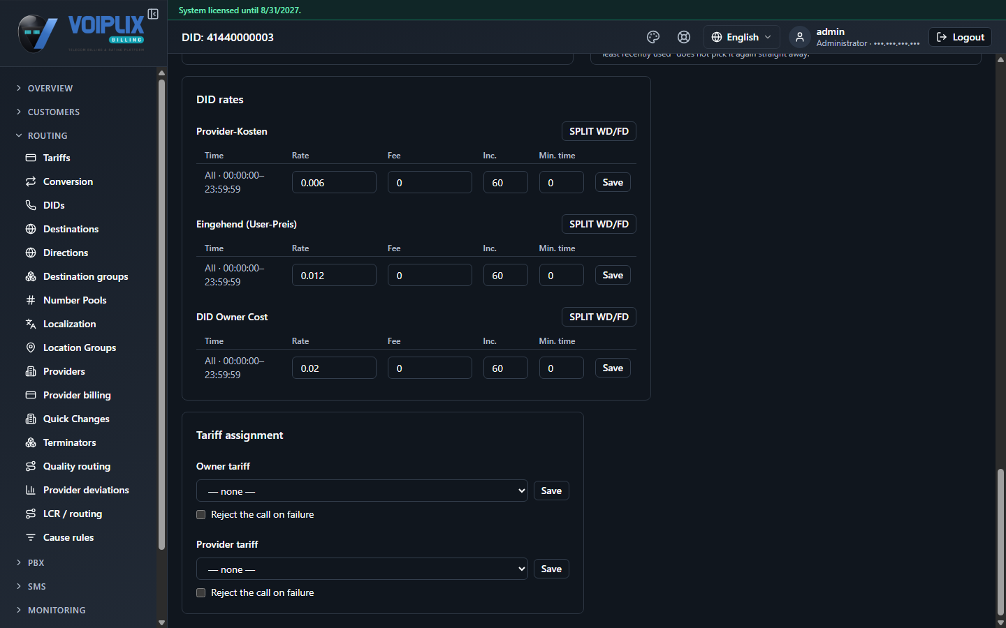 DID rates panel with three tables — Provider-Kosten, Eingehend (User-Preis) and DID Owner Cost — each showing one rate row (0.006 / 0.012 / 0.02, 60s increment), plus a Tariff assignment section below with Owner tariff and Provider tariff dropdowns and 'Reject the call on failure' checkboxes.