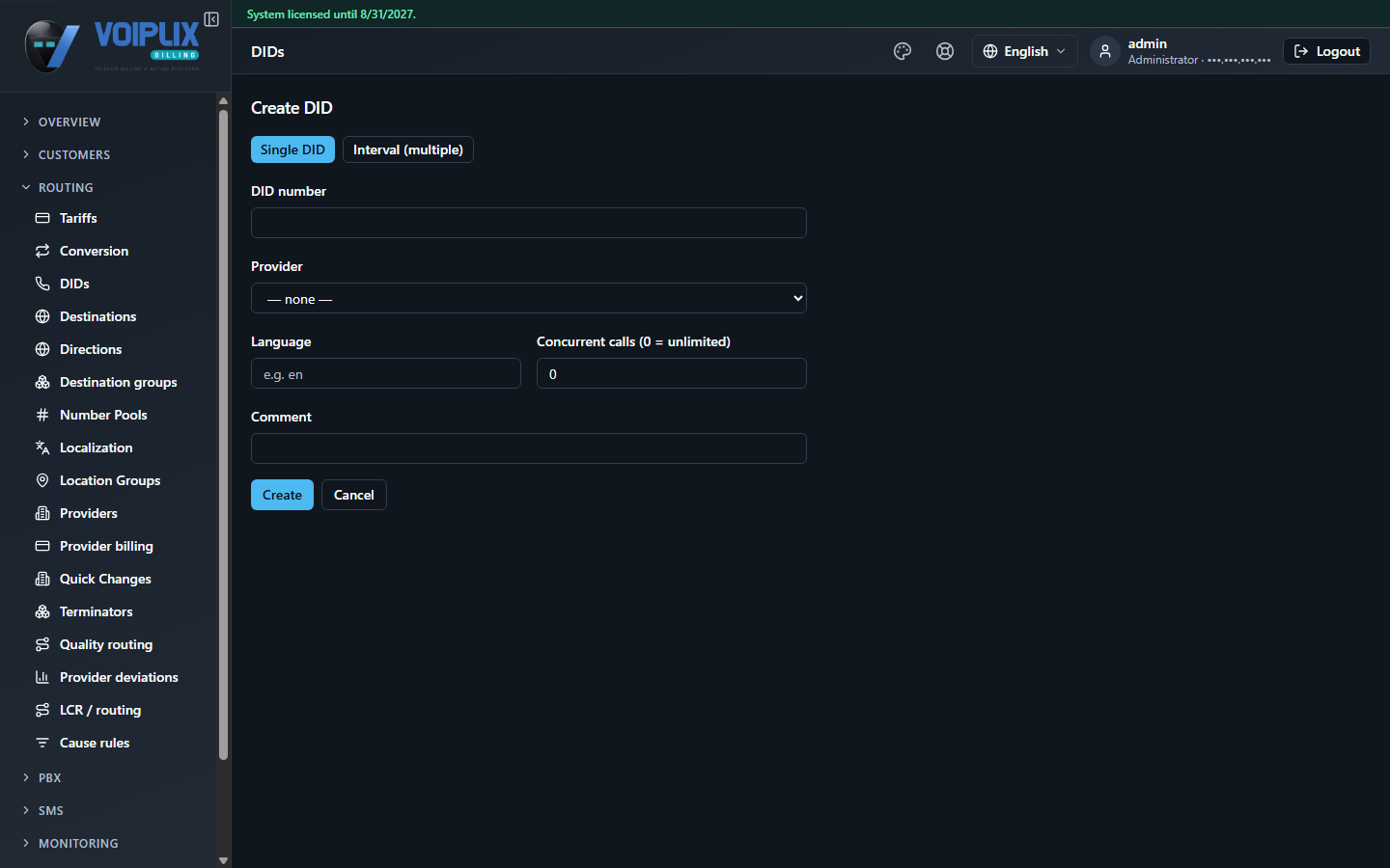 Create DID form in Single DID mode: DID number, Provider, Language, Concurrent calls and Comment fields, with Create and Cancel buttons.