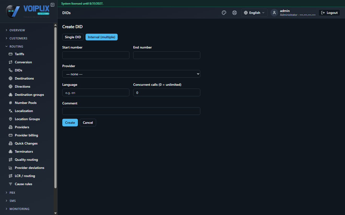 Create DID form in Interval (multiple) mode: Start number and End number fields alongside Provider, Language, Concurrent calls and Comment.