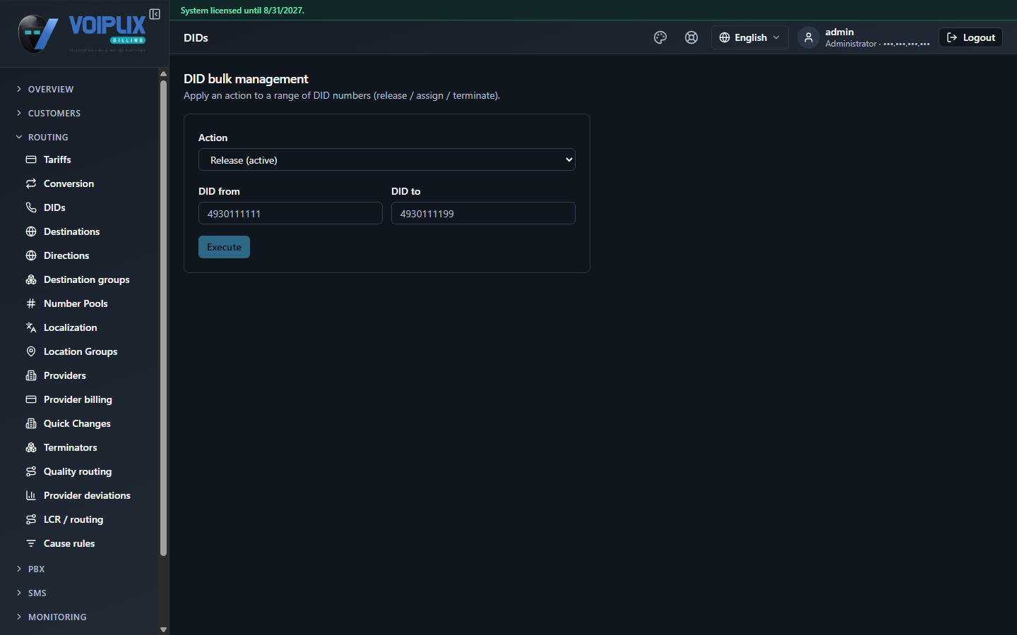 DID bulk management screen: Action dropdown set to Release (active), DID from and DID to fields, Execute button.