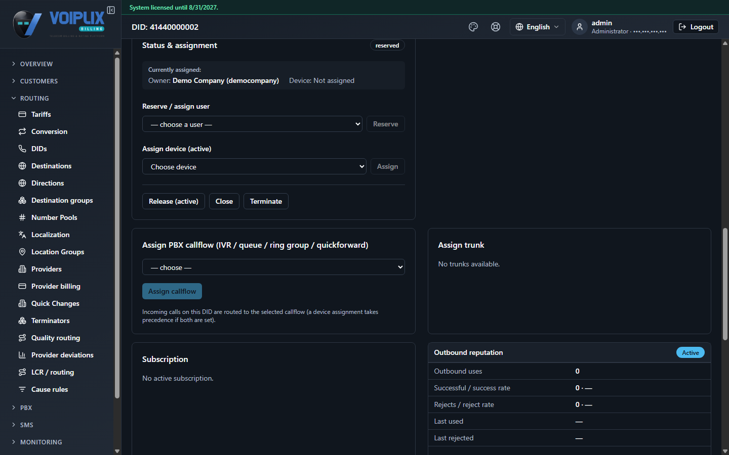 Status & assignment panel for a reserved DID: badge 'reserved', Currently assigned shows Owner Demo Company and Device Not assigned, with the Assign device (active) control ready to use.