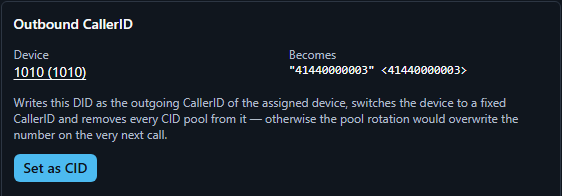 Outbound CallerID panel: Device 1010 (1010), Becomes shows the DID in quotes with the number, an explanation that this writes the DID as the device's fixed caller ID and removes it from any CID pool, and a Set as CID button.
