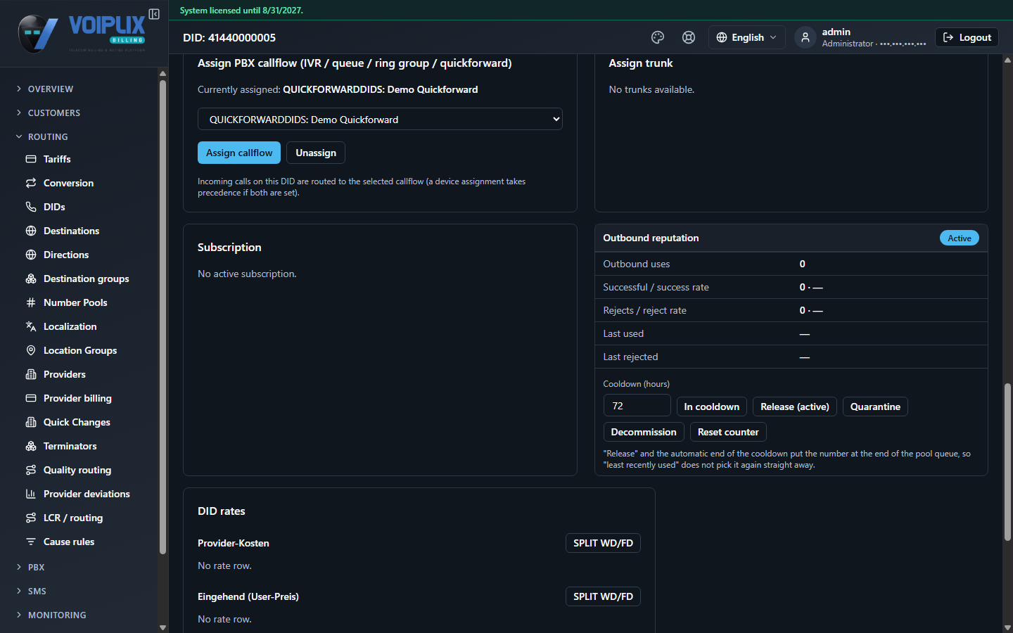 Assign PBX callflow panel on a DID's page: 'Currently assigned: QUICKFORWARDDIDS: Demo Quickforward', the same dial plan selected in the dropdown, Assign callflow and Unassign buttons, and the explanatory note about device assignments taking precedence.
