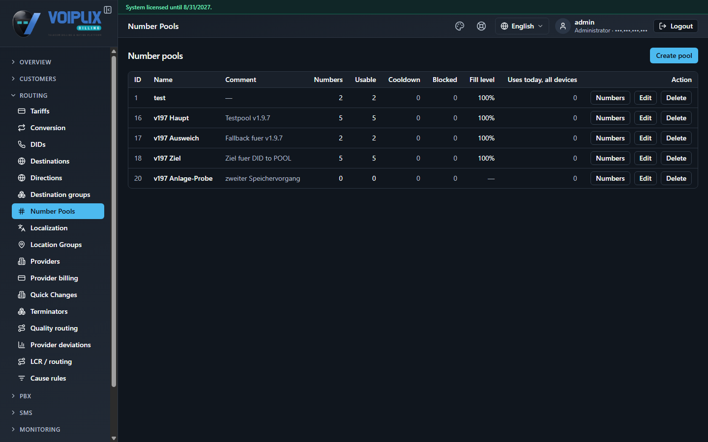 Number pools list: columns ID, Name, Comment, Numbers, Usable, Cooldown, Blocked, Fill level, and Uses today, with Numbers/Edit/Delete actions per row, and a Create pool button.