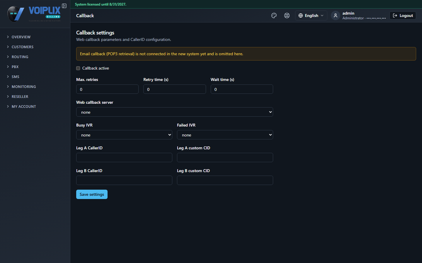Callback settings page: Callback active checkbox, Max. retries, Retry time and Wait time fields, Web callback server, Busy IVR, Failed IVR selects, and Leg A/Leg B CallerID and custom CID fields.