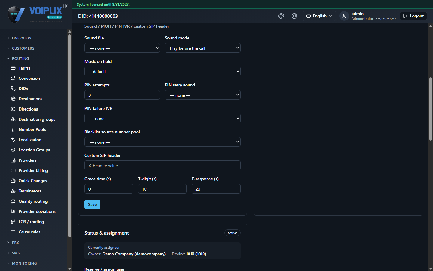 DID 41440000003 edit page scrolled to the Sound / MOH / PIN IVR / custom SIP header section: Sound file, Sound mode (Play before the call), Music on hold (default), PIN attempts (3), PIN retry sound, PIN failure IVR, Blacklist source number pool, Custom SIP header, and Grace time / T-digit / T-response timers, with a Save button and the Status & assignment panel showing owner Demo Company / device 1010 underneath.
