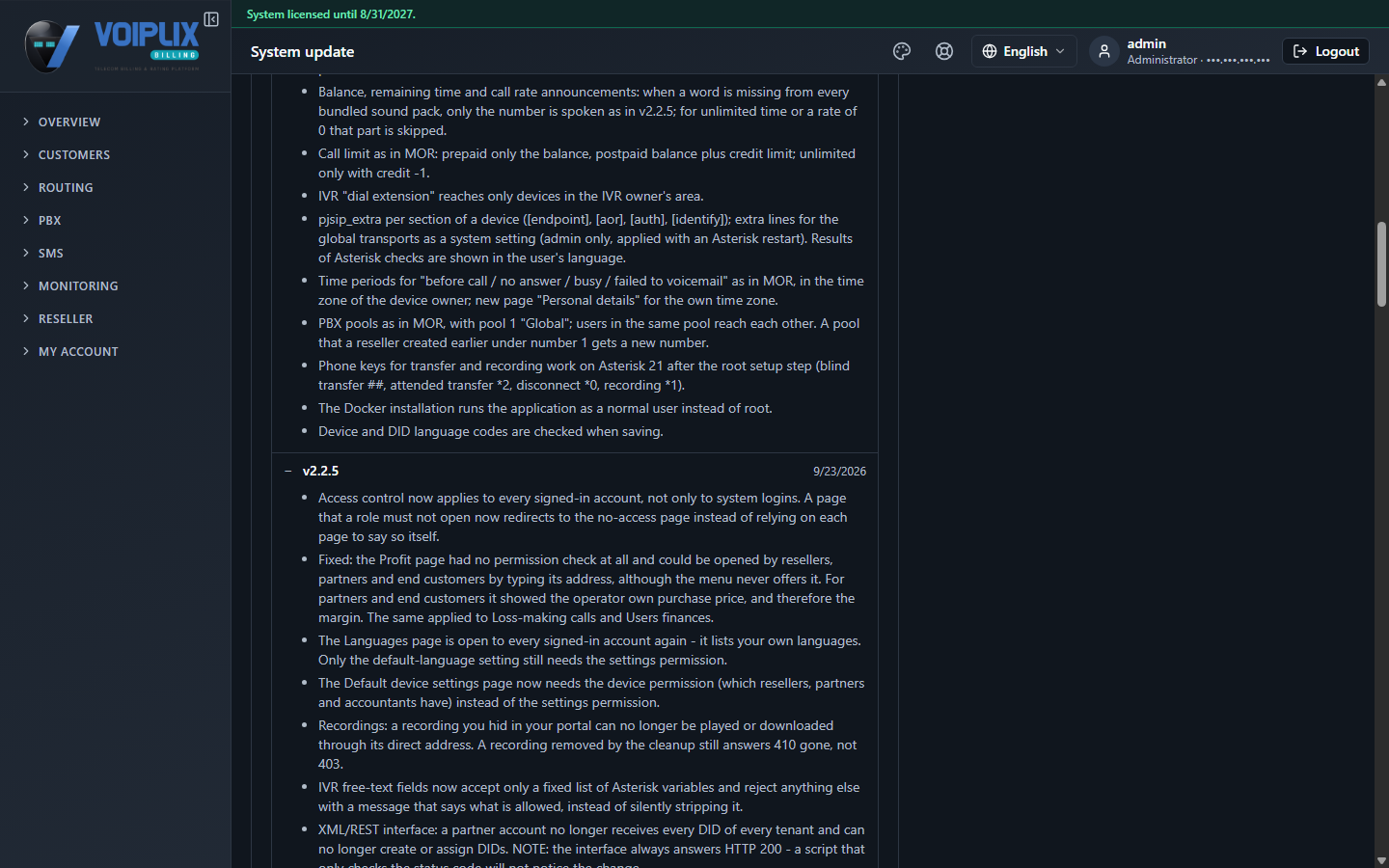 System update page with the installed version's release notes open at the top and an older version's row expanded below it, showing that version's own dated changelog.
