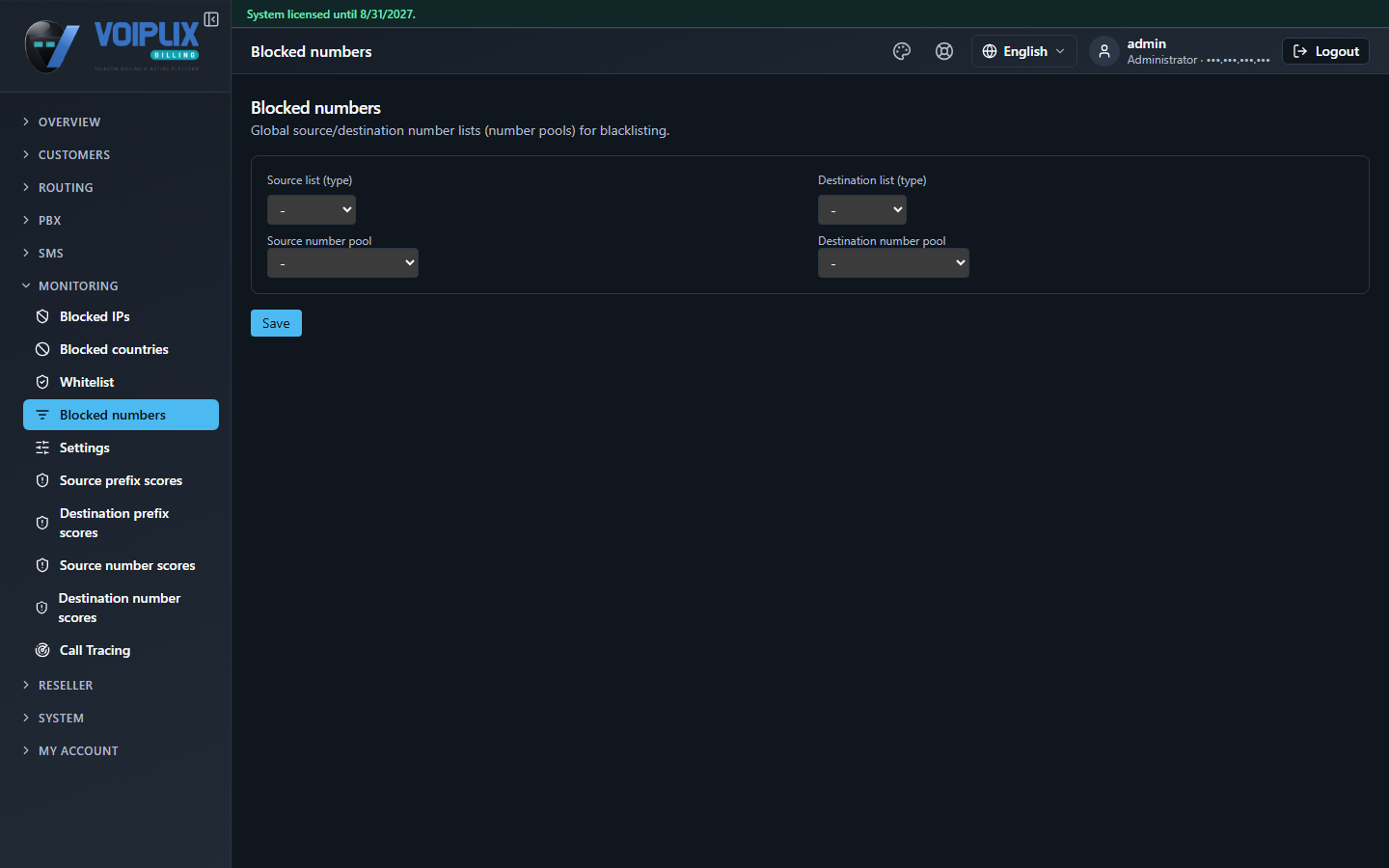 Blocked numbers page with a Source list (type) dropdown, a Source number pool dropdown, a Destination list (type) dropdown and a Destination number pool dropdown, all unset, plus a Save button.