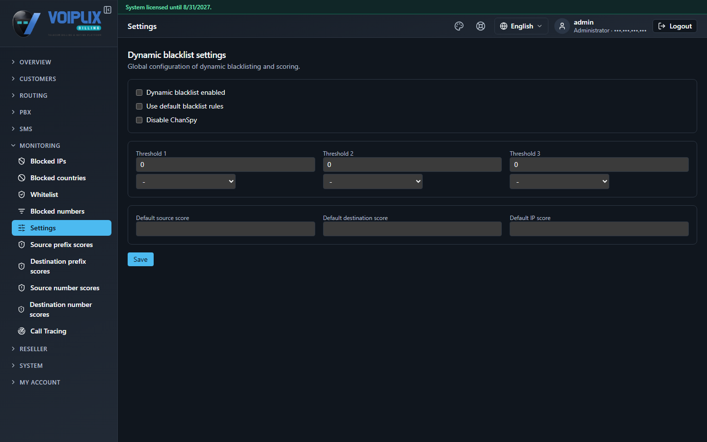 Dynamic blacklist settings page with checkboxes Dynamic blacklist enabled, Use default blacklist rules, Disable ChanSpy (all unchecked), three Threshold fields each with an LCR dropdown, and Default source score, Default destination score and Default IP score fields.