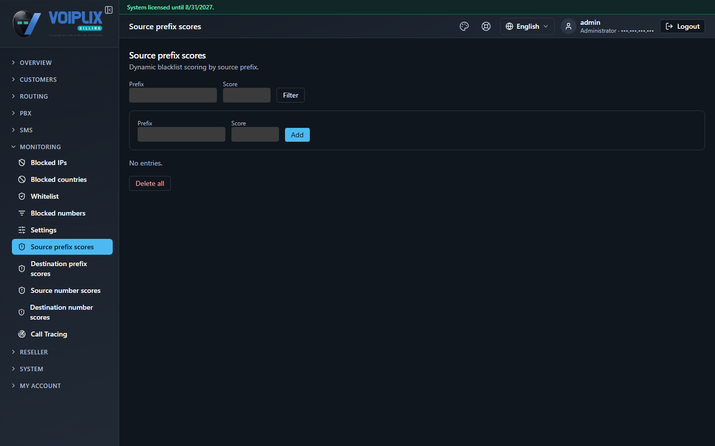Source prefix scores page with a Prefix/Score filter row, a Prefix/Score/Add row to create a new entry, and No entries below it.