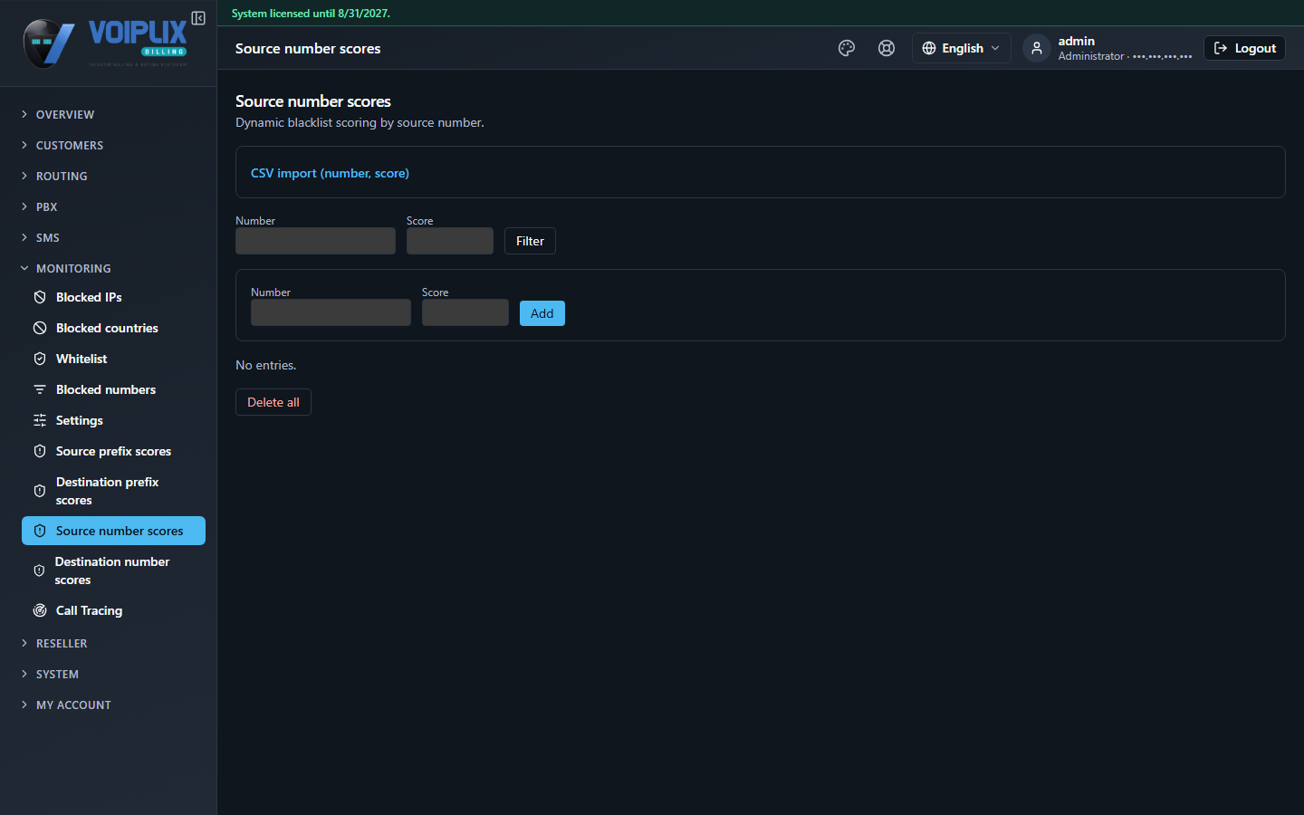 Source number scores page with a CSV import (number, score) link above the same filter/add/table layout as the prefix scores page, currently showing No entries.
