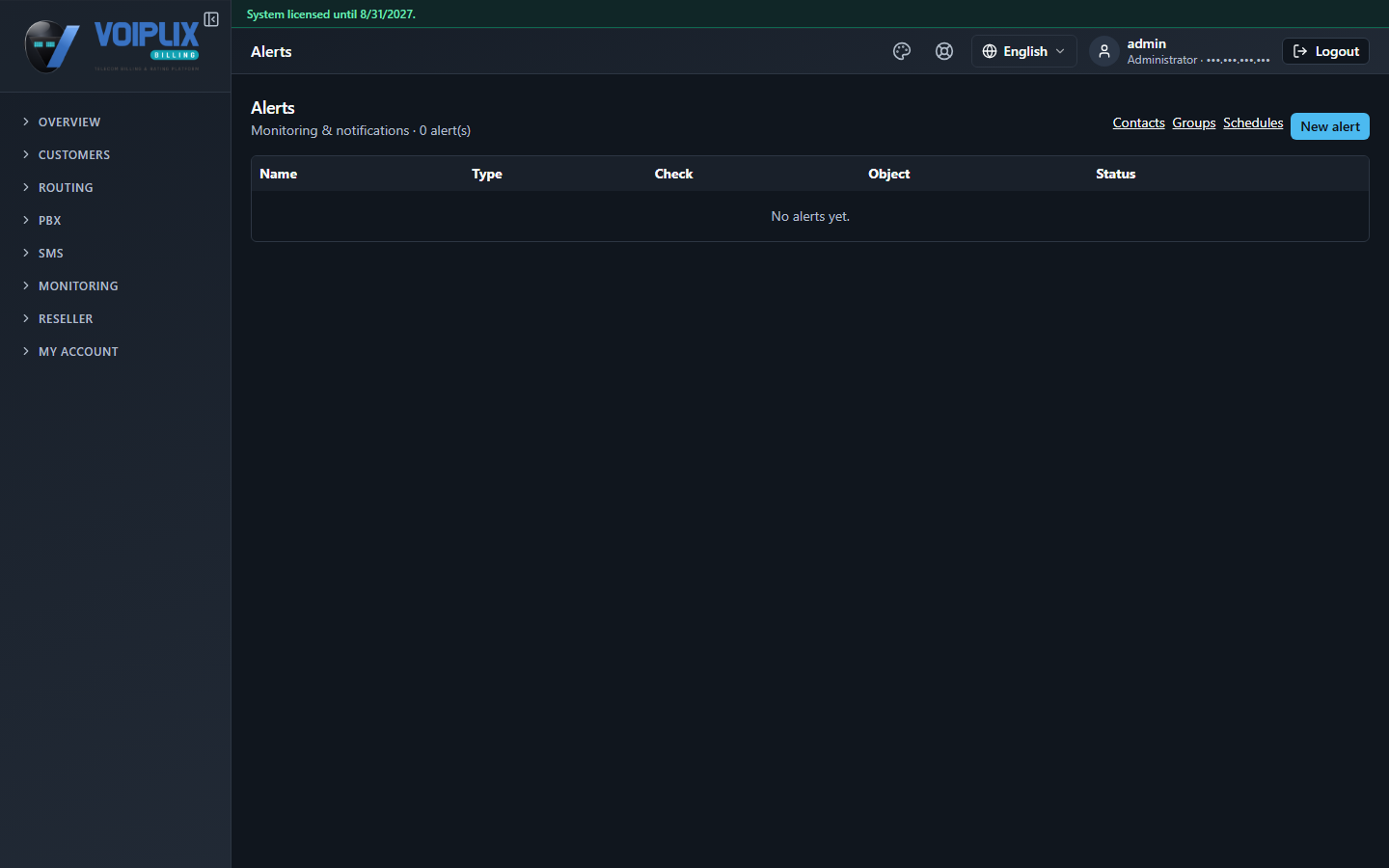 Alerts page: Monitoring and notifications, 0 alert(s), links Contacts / Groups / Schedules and a New alert button, table columns Name, Type, Check, Object, Status, showing No alerts yet.