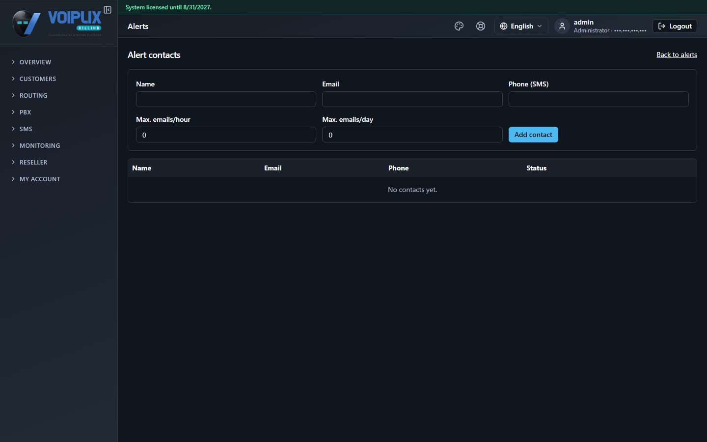 Alert contacts page with a form to add a contact (Name, Email, Phone (SMS), Max. emails/hour, Max. emails/day) and a table showing No contacts yet.