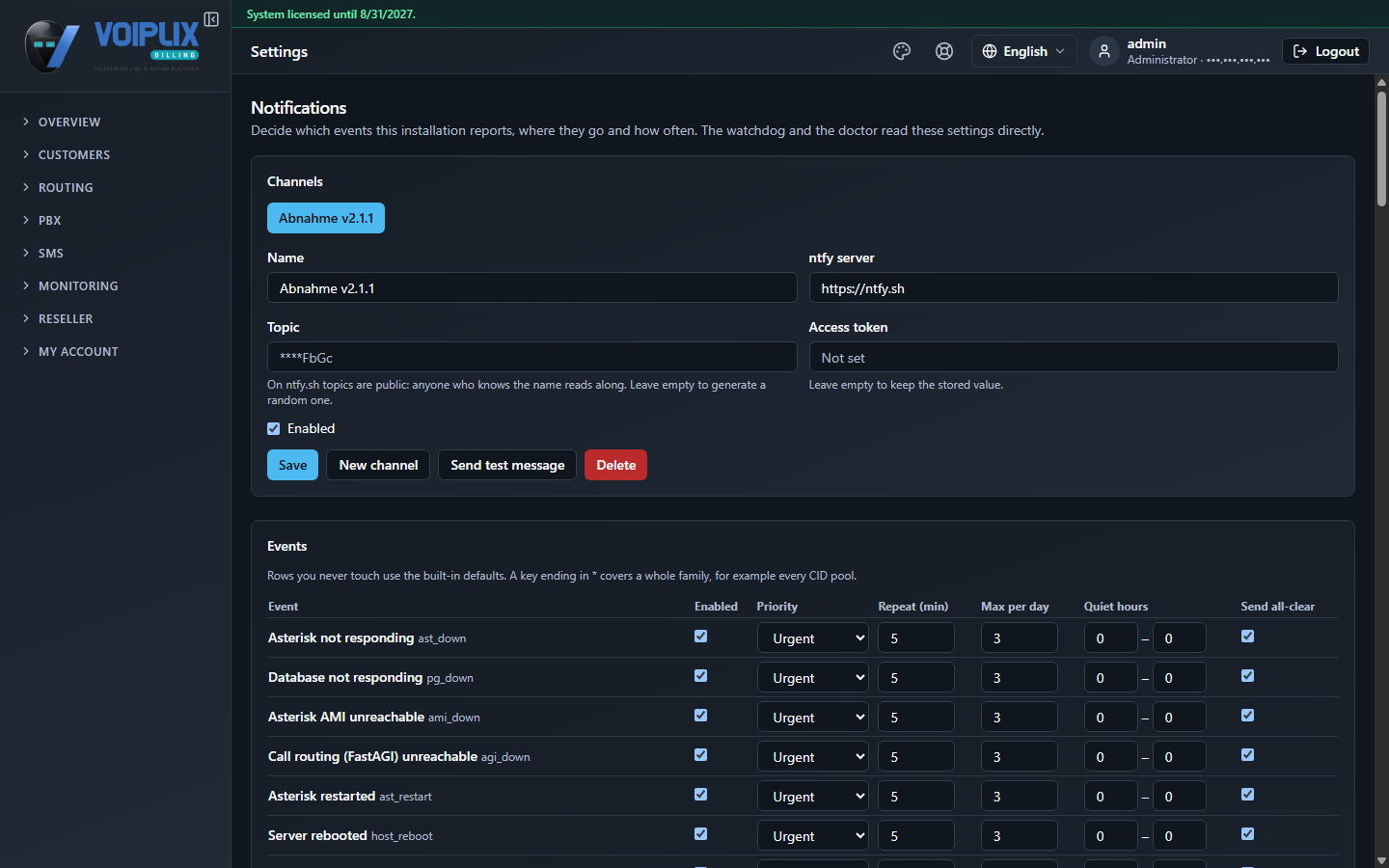 Notifications page, Channels section: a button for the existing channel 'Abnahme v2.1.1', with fields Name, ntfy server (https://ntfy.sh), Topic (masked, shown as stars ending FbGc), Access token (Not set), an Enabled checkbox checked, and Save / New channel / Send test message / Delete buttons. Below it, the start of the Events table.