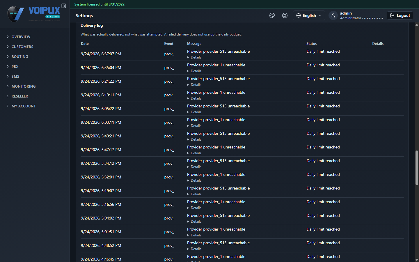 Delivery log table with columns Date, Event, Message, Status, Details, showing a long list of 'Provider provider_515 unreachable' and 'Provider provider_1 unreachable' rows a few minutes apart, all with status Daily limit reached.