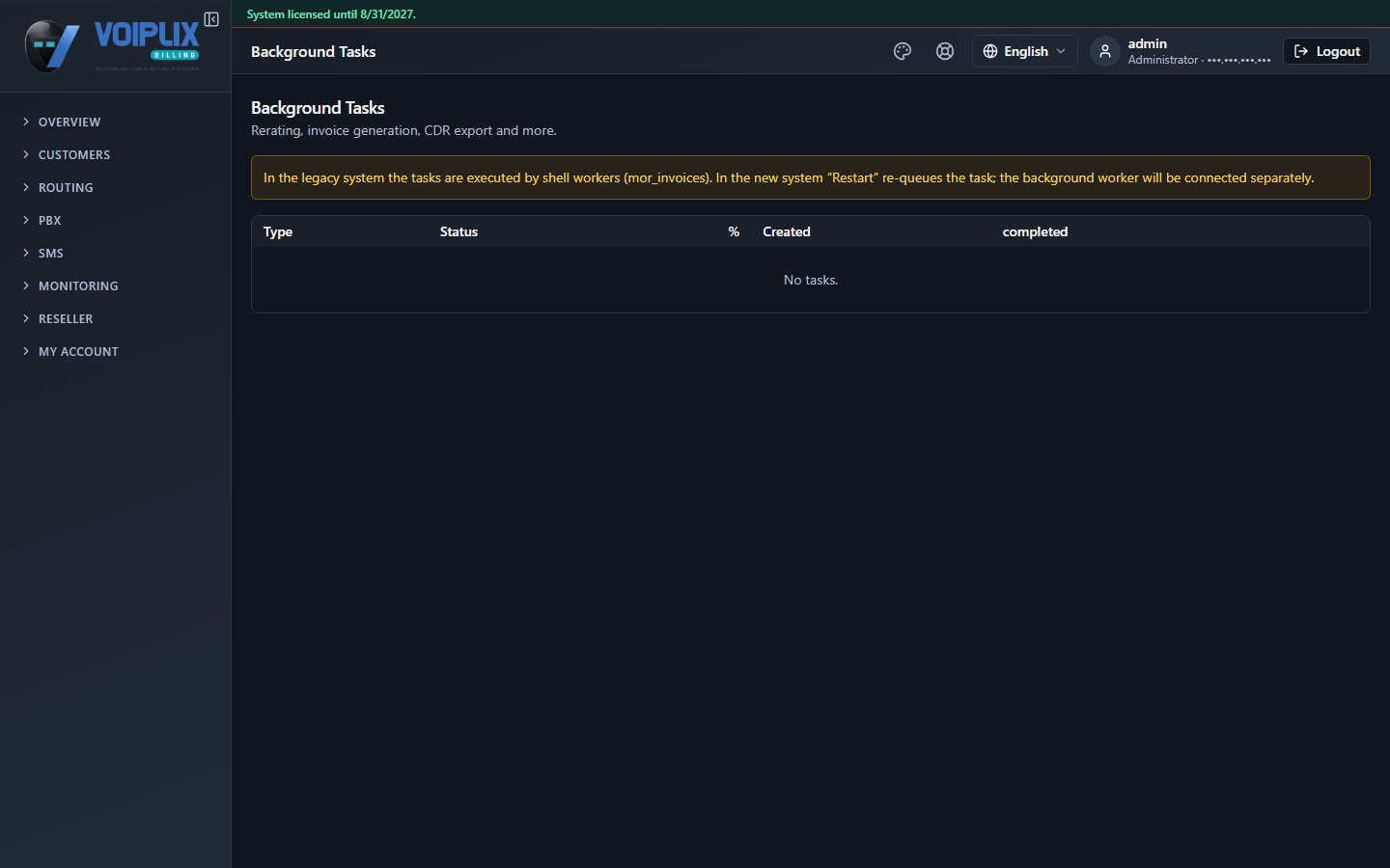 Background Tasks page with the subtitle 'Rerating, invoice generation, CDR export and more', a note explaining that Restart re-queues the task, and an empty table with columns Type, Status, %, Created, completed, showing No tasks.
