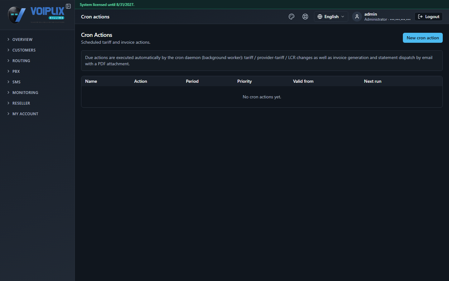 Cron Actions page with subtitle 'Scheduled tariff and invoice actions', a New cron action button, a note explaining that due actions run automatically via the cron daemon, and an empty table with columns Name, Action, Period, Priority, Valid from, Next run, showing No cron actions yet.