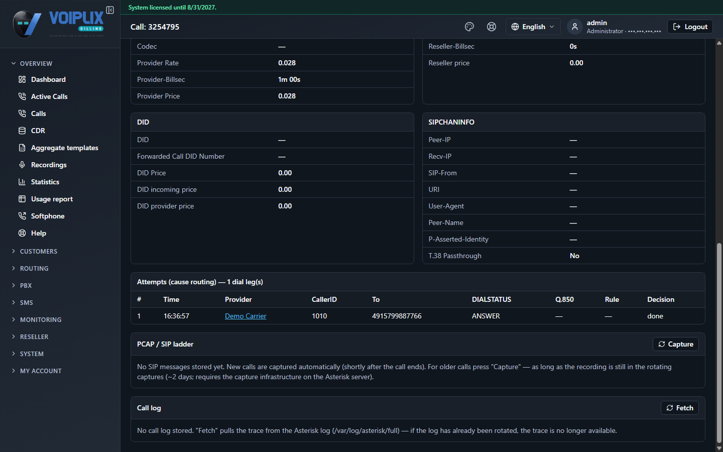 Call detail page showing a PCAP / SIP ladder panel with a Capture button, saying No SIP messages stored yet and explaining that new calls are captured automatically shortly after the call ends, and press Capture for older calls within the rotating captures window; below it a Call log panel with a Fetch button, saying No call log stored and explaining that Fetch pulls the trace from the Asterisk log.