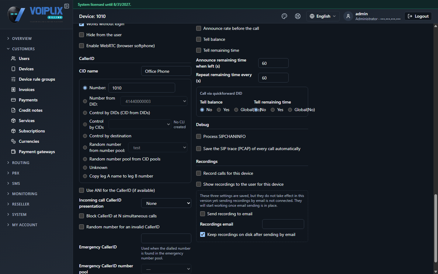Device edit page, Debug section, with an unchecked checkbox 'Save the SIP trace (PCAP) of every call automatically', next to a checked 'Process SIPCHANINFO' checkbox, above the Recordings section.