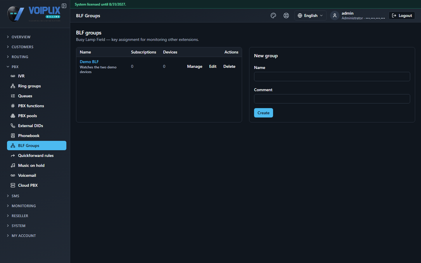 BLF Groups page: a list with one group, Demo BLF, comment 'Watches the two demo devices', 0 subscriptions, 0 devices, and Manage/Edit/Delete actions; a New group form on the right with Name and Comment fields.