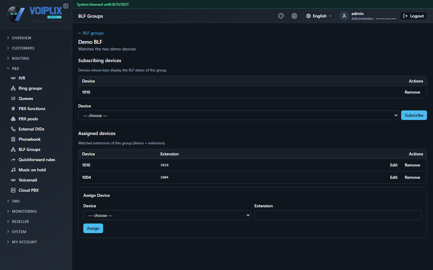 Demo BLF group detail page: Subscribing devices table with device 1010, Assigned devices table with device 1010 extension 1010 and device 1004 extension 1004, plus the Subscribe and Assign Device forms.