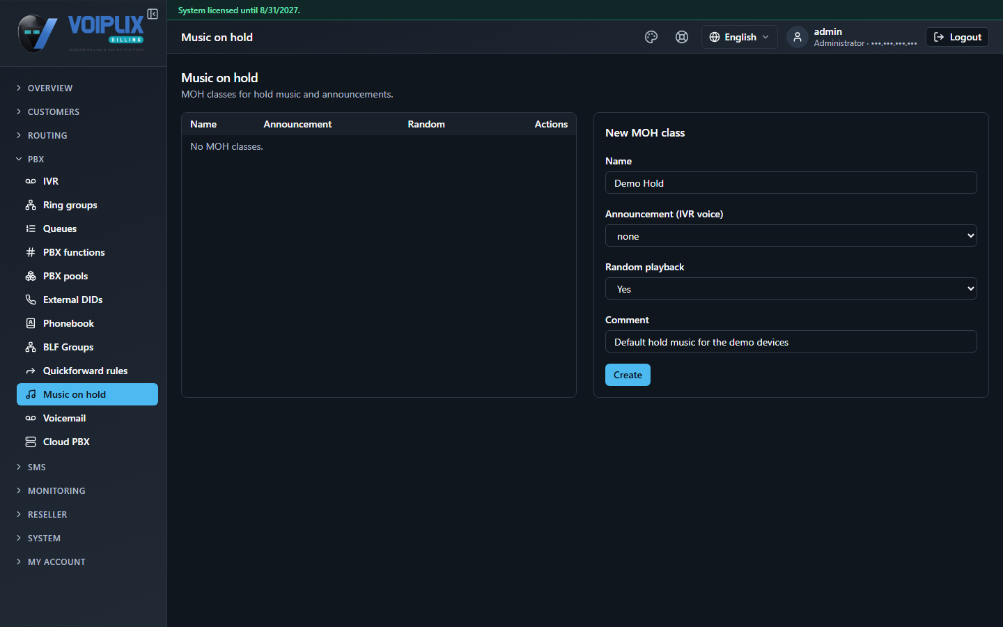 Music on hold page with an empty list and a New MOH class form filled in: Name 'Demo Hold', Announcement (IVR voice) none, Random playback Yes, Comment 'Default hold music for the demo devices'.