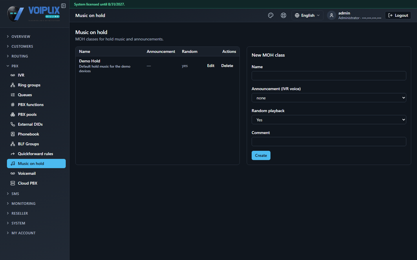Music on hold list showing one class: Demo Hold, comment 'Default hold music for the demo devices', Announcement dash, Random yes, with Edit and Delete actions.