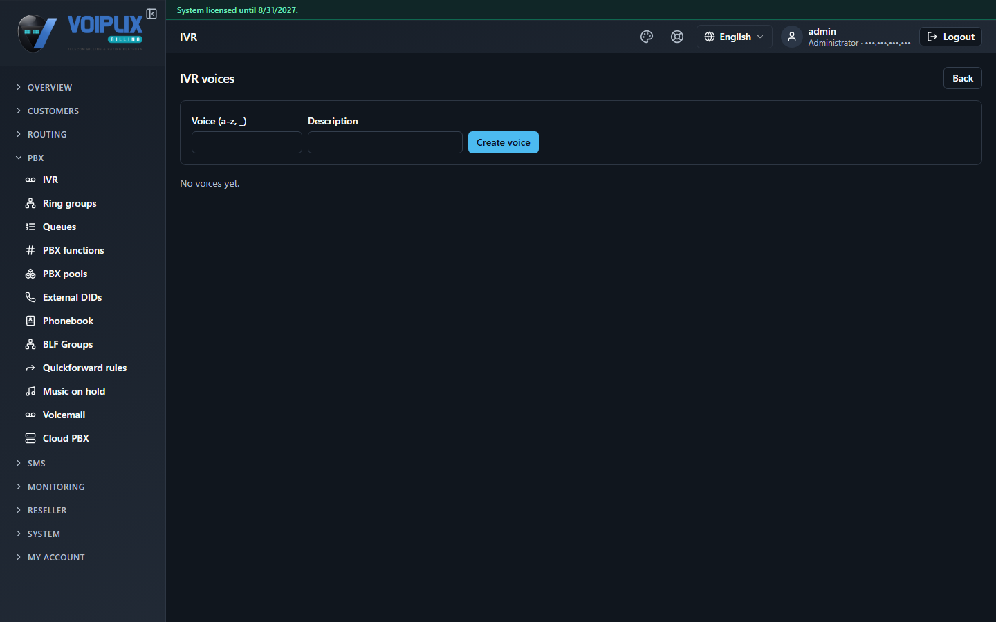 IVR voices page: a Voice (a-z, _) field, a Description field, a Create voice button, and 'No voices yet.' below.
