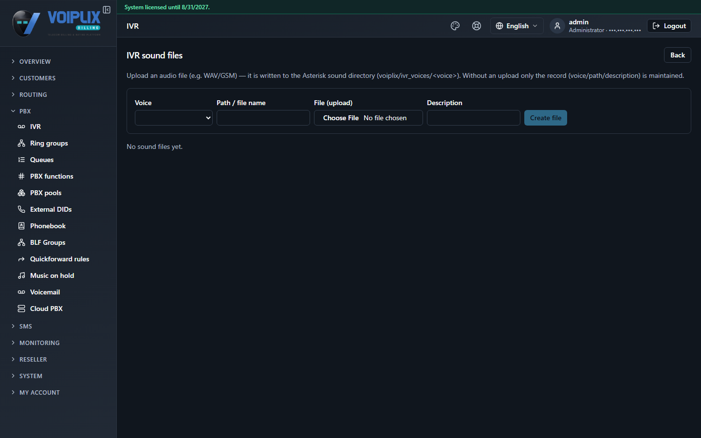 IVR sound files page with the note 'Upload an audio file (e.g. WAV/GSM) — it is written to the Asterisk sound directory (voiplix/ivr_voices/<voice>). Without an upload only the record (voice/path/description) is maintained.' and fields Voice, Path / file name, File (upload), Description, Create file.