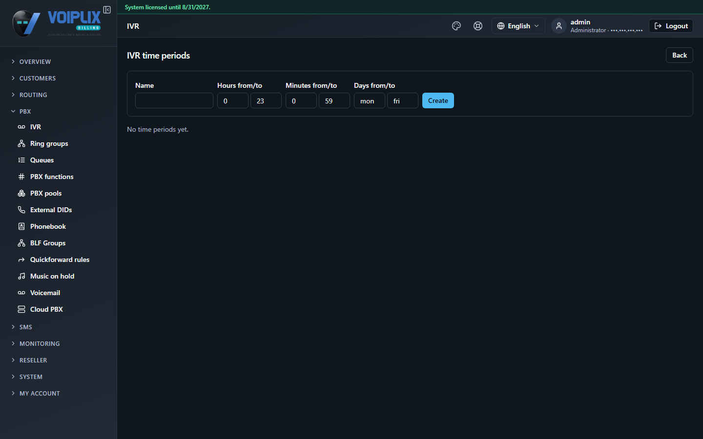 IVR time periods page with fields Name, Hours from/to (defaulting 0 to 23), Minutes from/to (0 to 59), Days from/to (mon to fri), a Create button, and 'No time periods yet.' below.