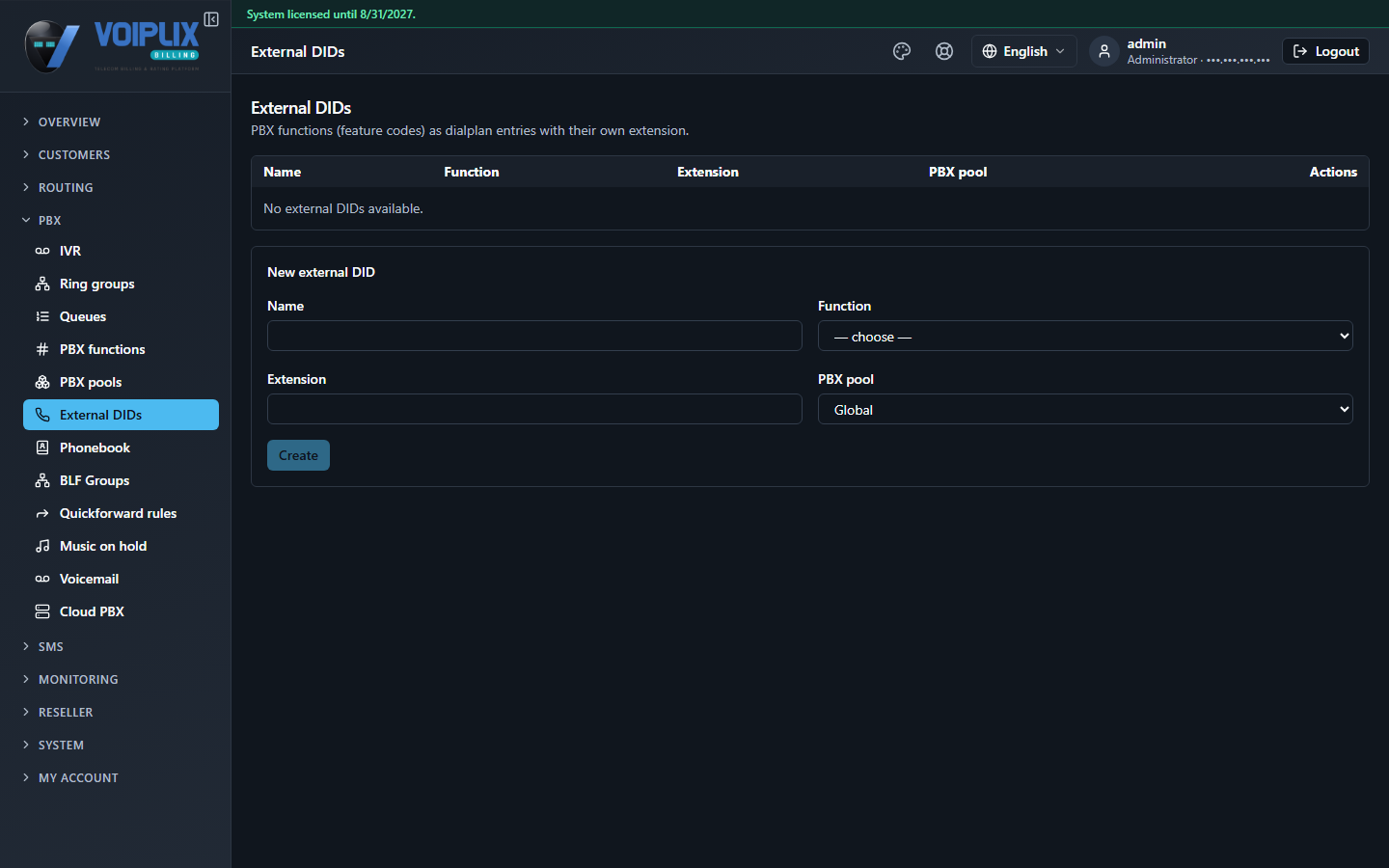 External DIDs page: 'No external DIDs available' and a New external DID form with Name, Function, Extension and PBX pool fields, PBX pool defaulting to Global.