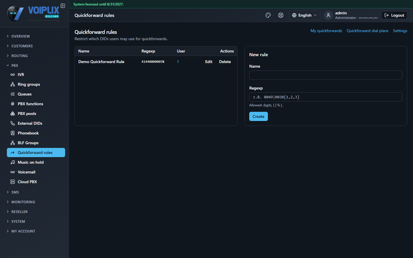Quickforward rules page: a list with one rule, Demo Quickforward Rule, regexp 41440000005%, 1 user (linked), Edit/Delete actions; links to My quickforwards, Quickforward dial plans and Settings top-right; a New rule form with Name and Regexp fields, hint 'Allowed: digits, [] % |,'.