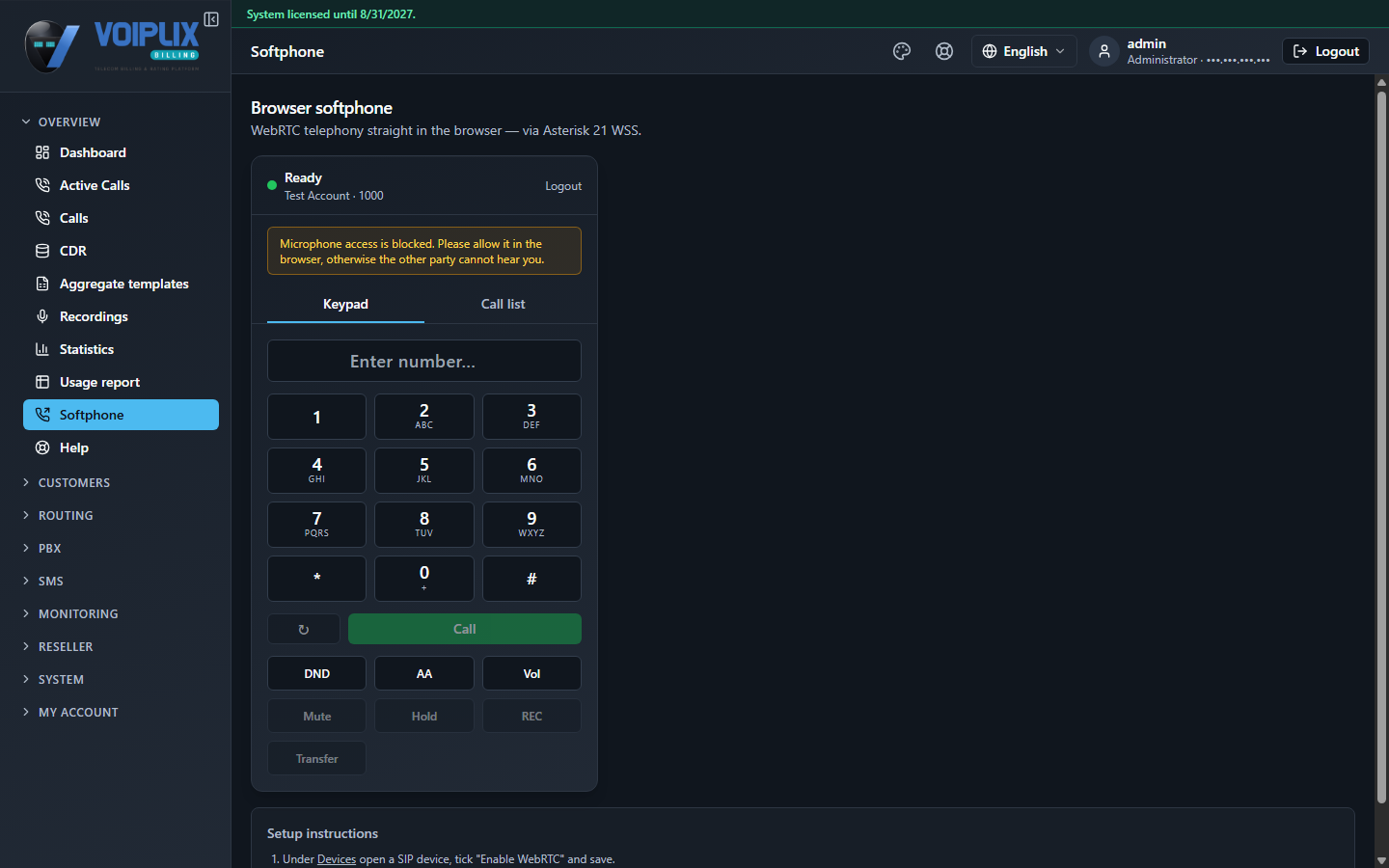 Softphone page: status 'Ready', device name and extension 1000, a Logout link, a warning that microphone access is blocked, Keypad and Call list tabs, a number entry field, a numeric keypad, a green Call button, and DND/AA/Vol and Mute/Hold/REC/Transfer buttons.