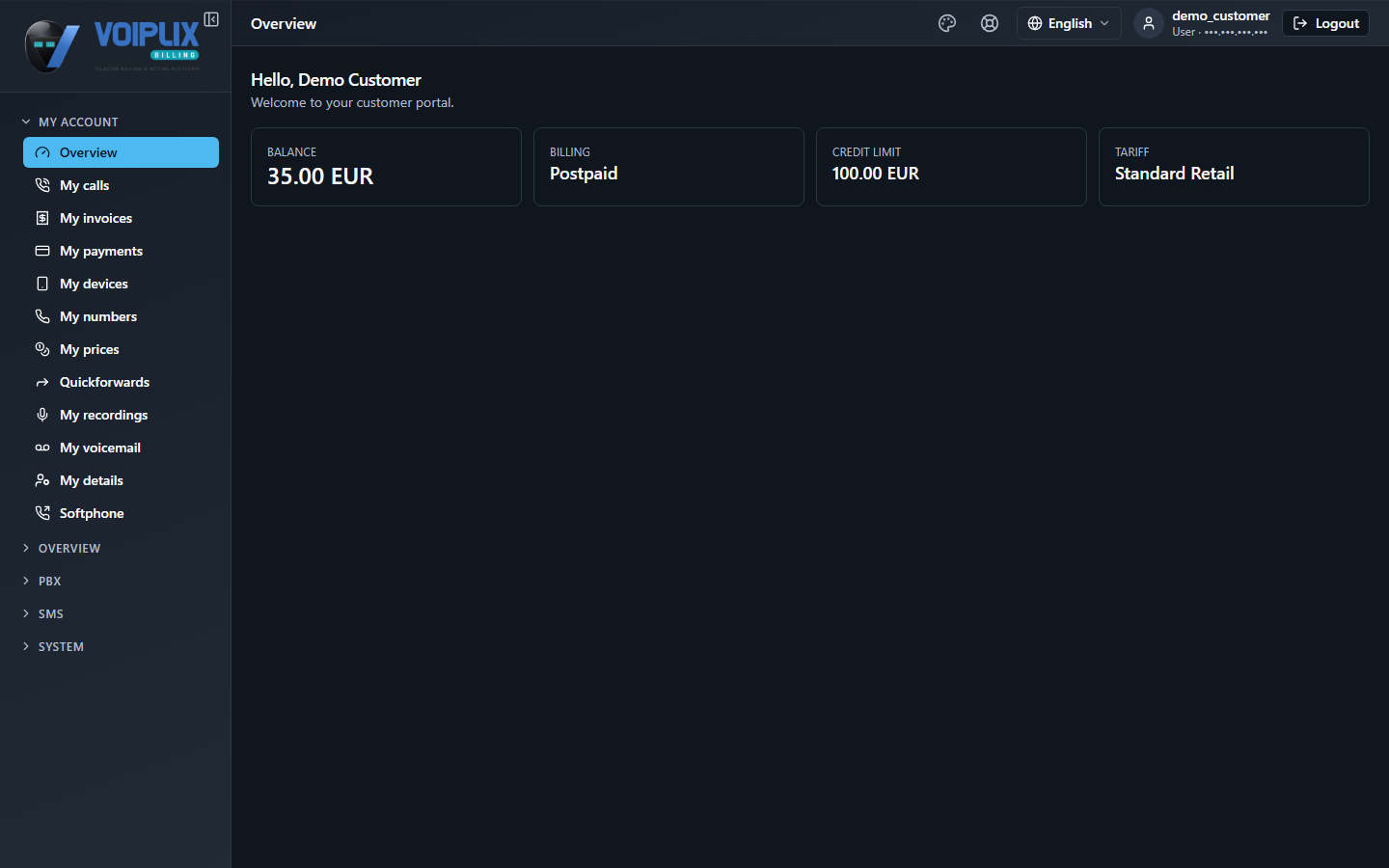Customer portal Overview page: a greeting and four cards — Balance, Billing, Credit limit and Tariff — with the My account menu on the left.