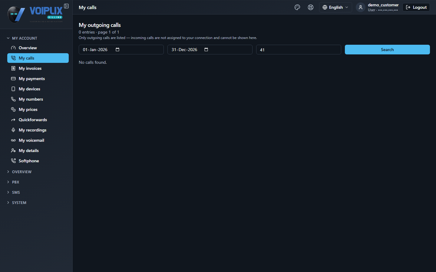 My calls page with a date range and destination number filled into the search form.