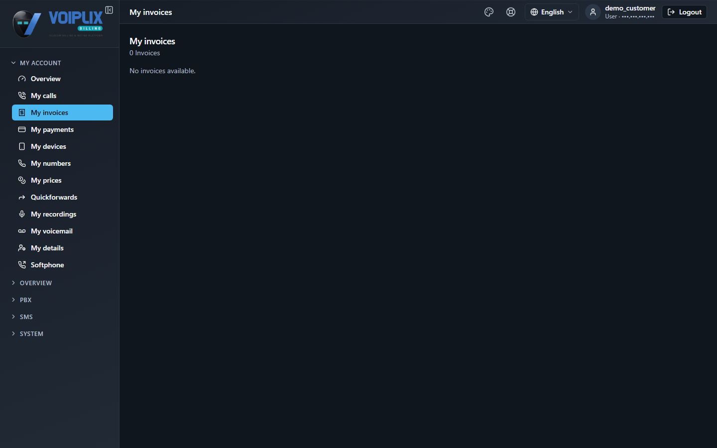 My invoices page showing an empty invoice list on this demo account, with the My account menu on the left.