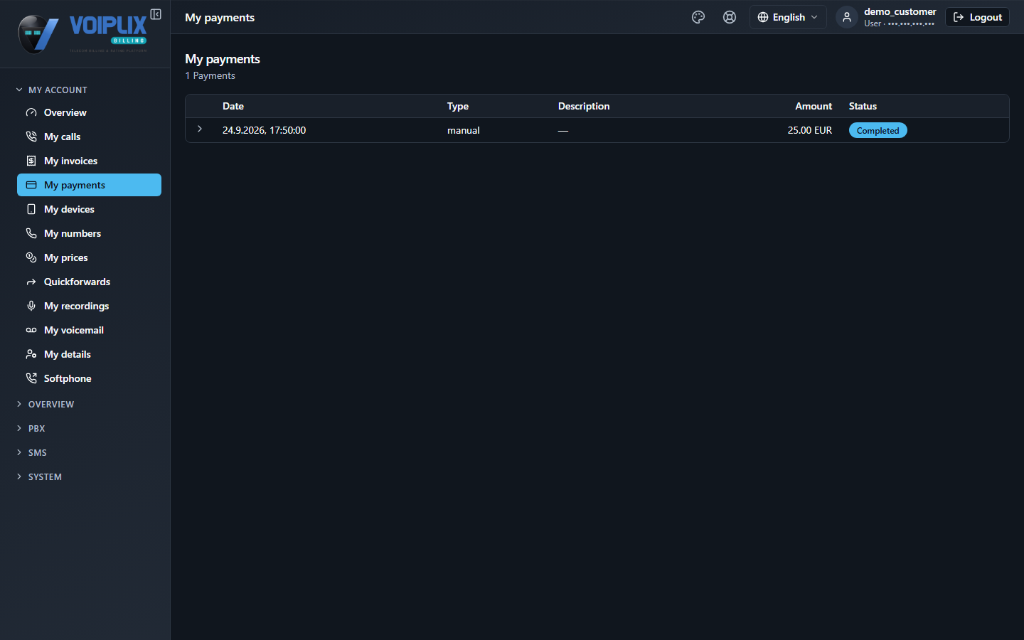 My payments page with one row: a manual payment of 25.00 EUR, marked Completed.